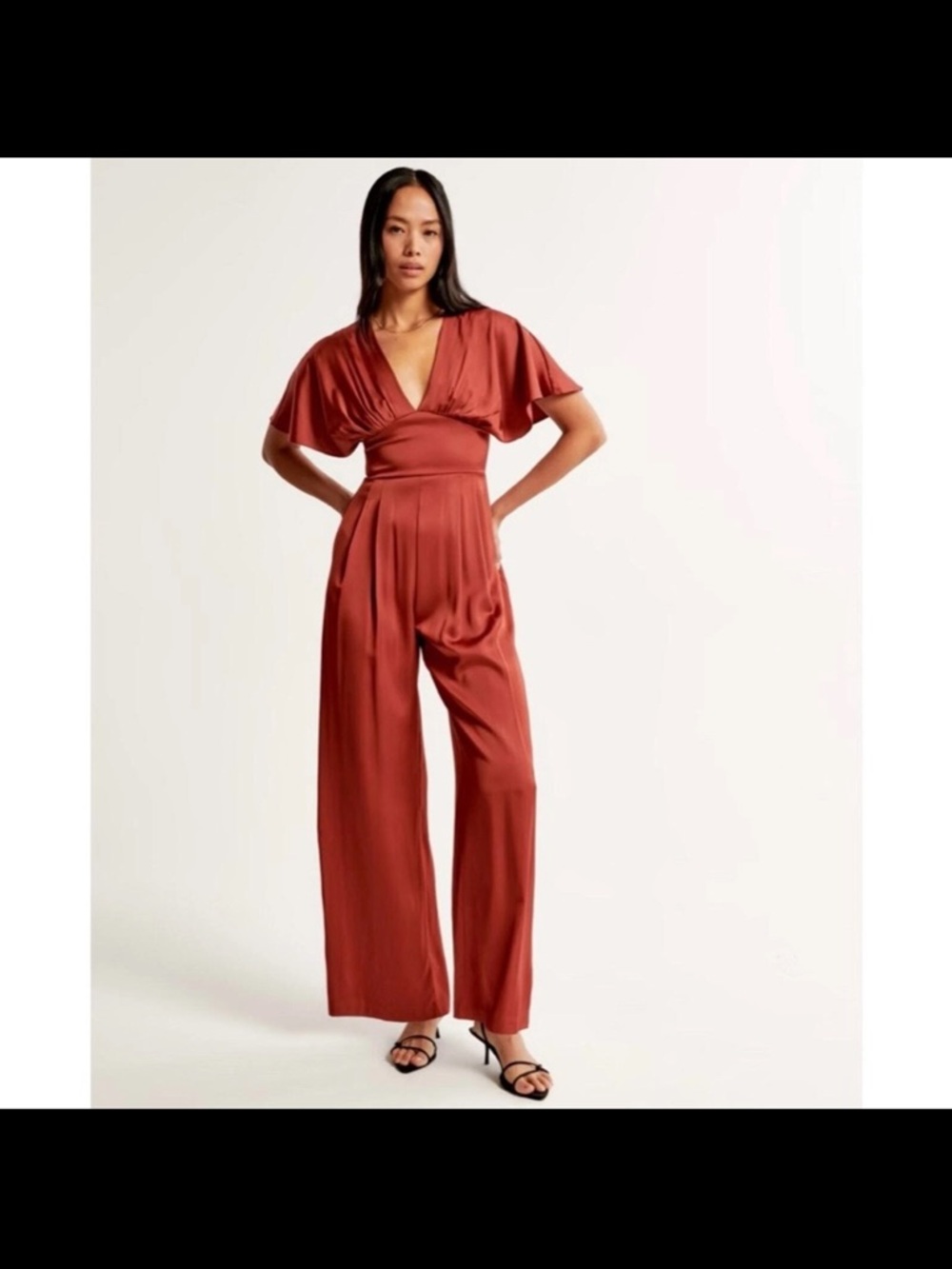 Abercrombie & Fitch Rust-Red Satin Jumpsuit with Flutter Sleeves
